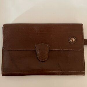 Vintage Brown Leather Clutch Hand Bag Purse Wrist Strap Unisex Made in France